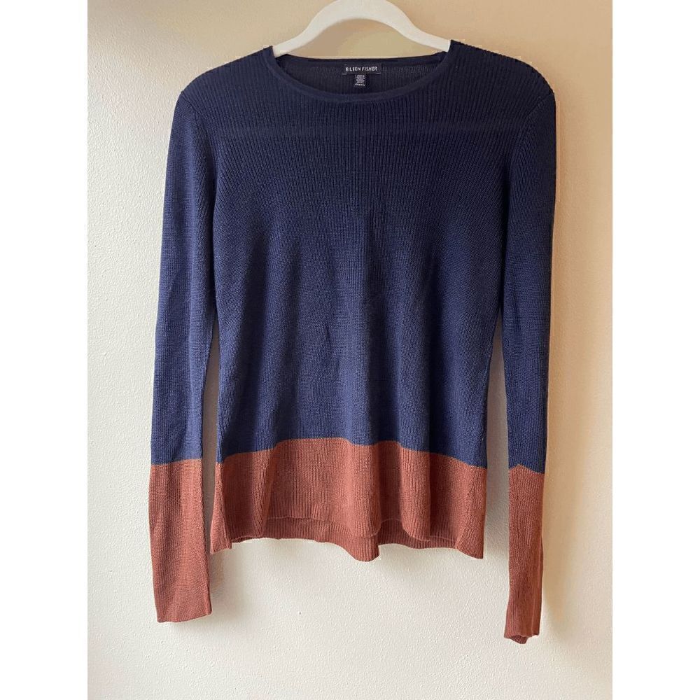 Eileen Fisher Navy Blue and Brow Silk Blend Sweater Women's Size XXS